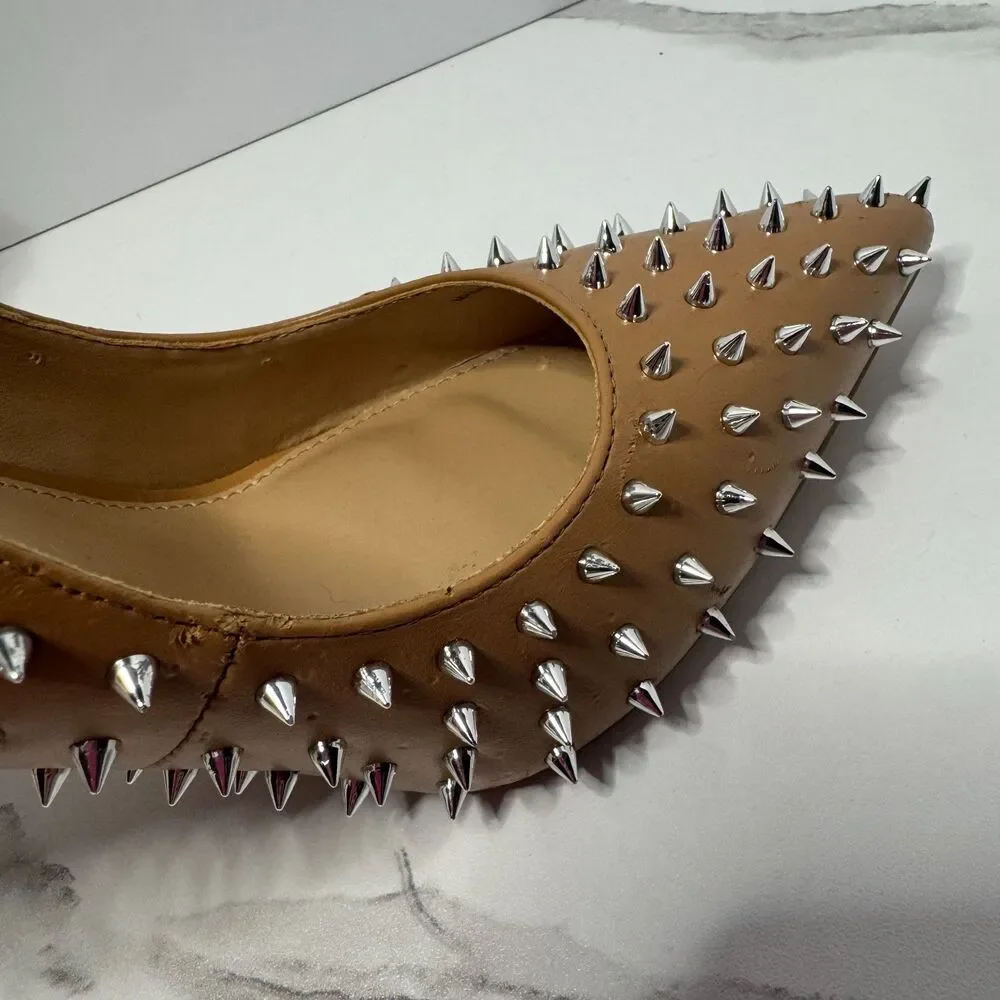 Steve Madden Vala Tan Nude Silver Spiked Studded Pointed Toe Pumps, Sz 7.5
